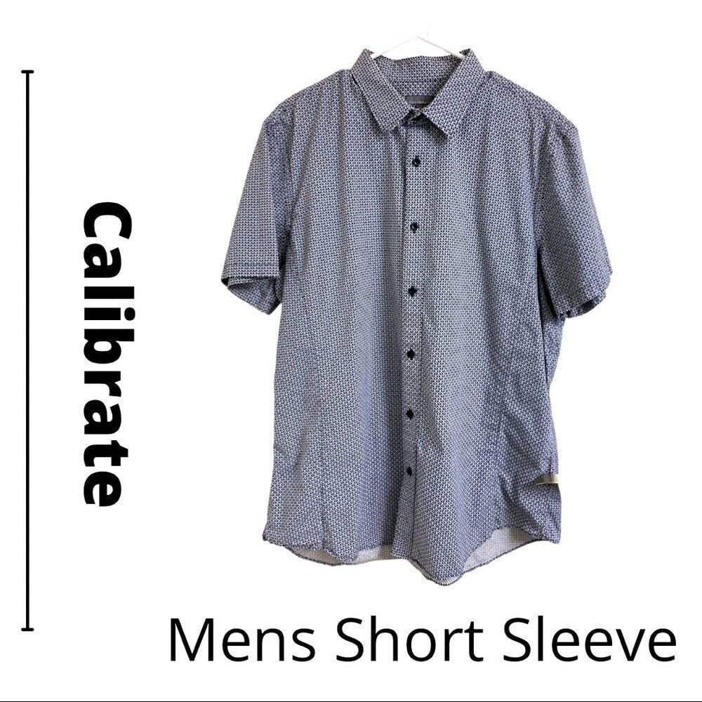 💼Mens Casual Short Sleeve Shirt by Calibrate. Geometric Pattern, Blue. XL